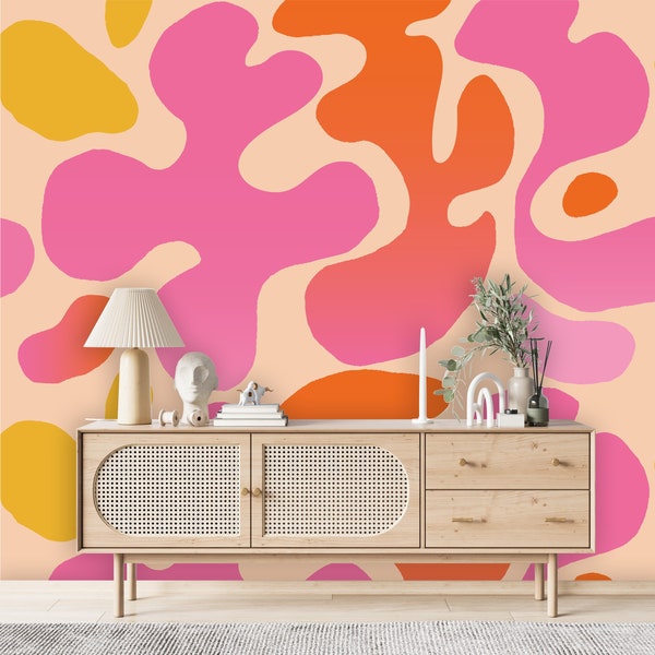 Pink and Orange Wallpaper Organic Shapes Wall Mural Abstract Peel and Stick Beige Background Wall Art