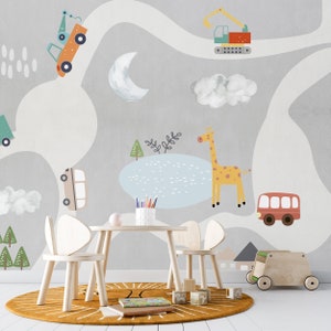 Highway Wallpaper Little Car Wall Mural Giraffe Peel and Stick Kids Room Wall Art