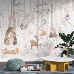 Kids Animals Wallpaper Peel and Stick | Watercolor Nursery Wall Mural | Bear Kids Room