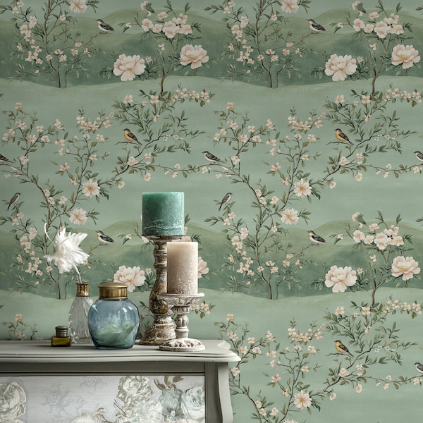 Grön fågel och blomma tapet: Chinoiserie självhäftande väggmålning