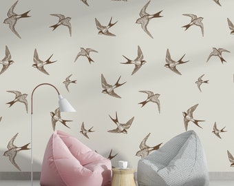 Flying Birds Wallpaper: Brown Bird Wall Mural, Beige Peel and Stick