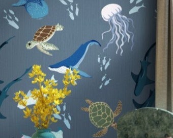 Whale Wallpaper Turtle Wall Mural Octopus Peel and Stick Blue Background Wall