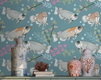 Koi Fish Wallpaper: Vintage Peel and Stick Wall Mural
