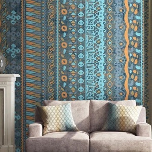 Ethnic Wallpaper African Wall Art Blue Striped Wall Mural Modern Peel and Stick
