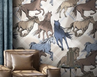 Runnig Horsers Wallpaper Horse Wall Mural Beige Background Peel and Stick