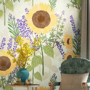 Carta da parati Girasoli Foglie gialle Murale da parete Foglia lilla Stacca e attacca