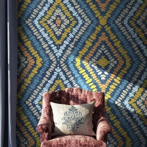 Carta da parati geometrica con motivo blu, murale con forme gialle, stacca e attacca