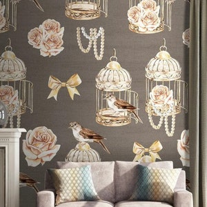 Birdcage Wallpaper Brown Background Wall Mural Bird Wall Art Vintage Peel and Stick