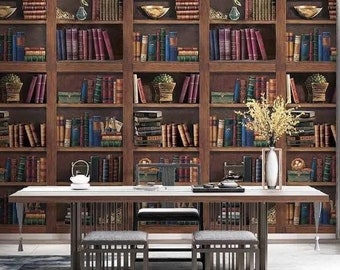Bookcase Wallpaper Library Wall Mural Shelves Peel and Stick