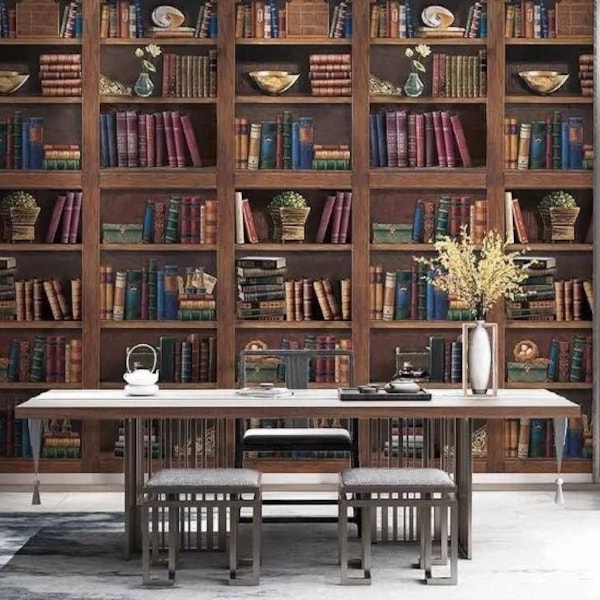 Bookcase Wallpaper Library Wall Mural Shelves Peel and Stick