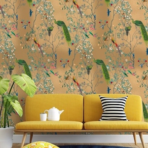 Exotisch behang Pecock-muurschildering Vintage muurkunst goudkleurige look Peel and Stick
