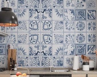 Moroccan Wallpaper Blue Tile Wall Mural Ethnic Peel and Stick