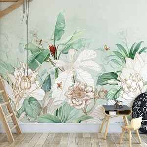 Tropical Green Leaves Wallpaper: Peel and Stick Floral Wall Mural