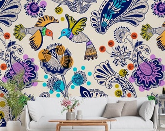Floral Bird Wallpaper Mural: Colorful Exotic Peel and Stick Wall Art