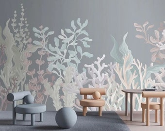 Marine Plants Wallpaper Colorful Wall Murals Undersea Wall Art Gray Background Peel and Stick