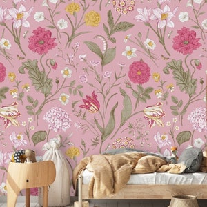 Magenta Wallpaper Flower Wall Mural Pastel Wall Art Pink Background Wall Decor Aesthetic Peel and Stick