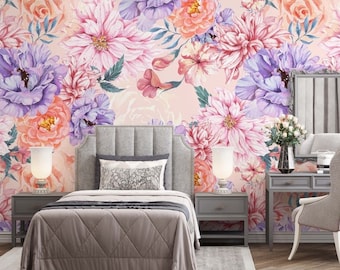Peonies Wallpaper Purple Peony Wall Mural Pink Background Peel and Stick