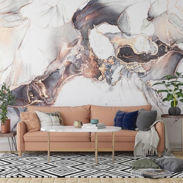 Abstract Wallpaper Gray Marble Wall Mural Gold Peel and Stick