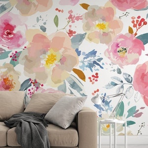 Pink Floral Wallpaper Watercolor Wall Mural Flower Peel and Stick