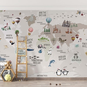 Kinder Weltkarte Tapete Ballon-Wand-Wandbild niedliches Tier-Schälen und Stock-Karikatur-Wand-Kunst