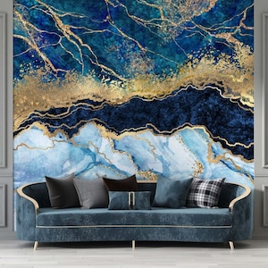 Marble Wallpaper Dark Blue Wall Mural Gold Peel and Stick