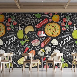 Pizza Food Ingredients Peel and Stick Wallpaper: Restaurant Kitchen Decor