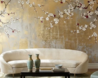 Chinoiserie Tapete Blumen Schälen und Aufkleben Gold Abnehmbarer Wanddekor