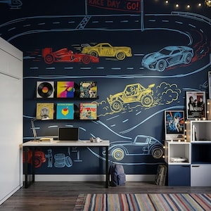 May include: A child's bedroom with a dark blue chalkboard wall featuring a race car track design. The room includes a desk, shelves with records and posters, a striped rug, and a white wardrobe.
