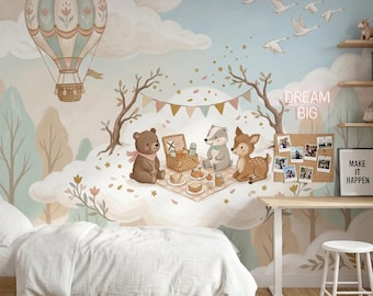 Hot Air Balloon Wallpaper Cloud Picnic Peel And Stick Woodland Animal Removable Wall Decor