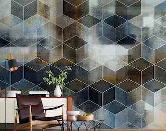 Hexagon Wallpaper Geometric Wall Art Cubic Wall Mural Grunge Peel and Stick