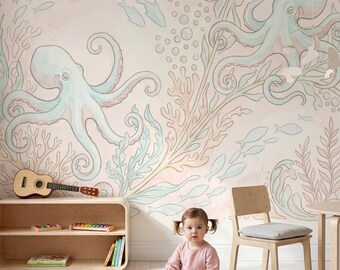 Carta da parati murale con polpo dai colori pastello e fantasiose liane sottomarine per la cameretta dei bambini.
