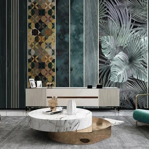 Monstera Leaves Wallpaper Murale geometrico da parete Strisce di marmo Arte da parete Peel and Stick scuro