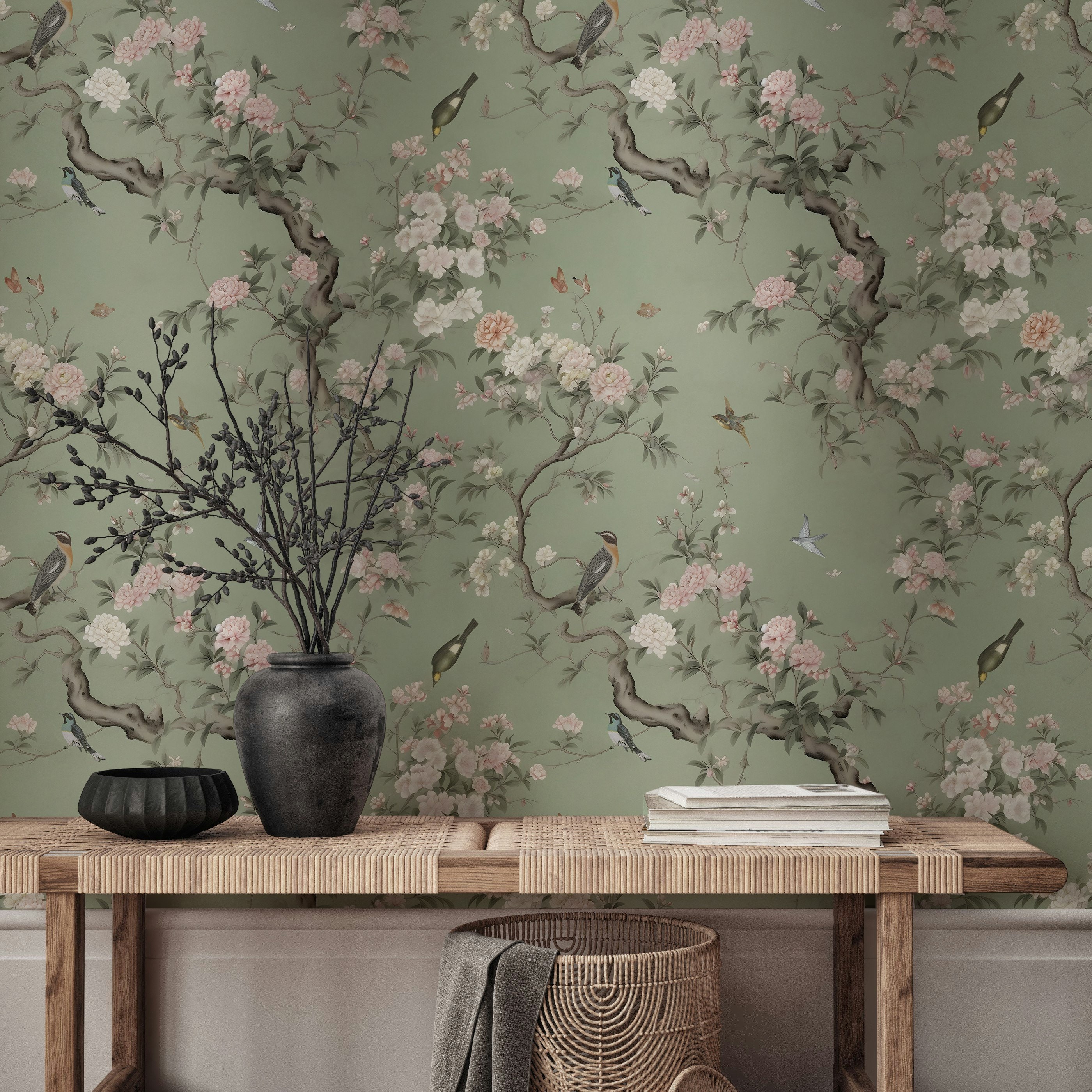 Elegant Chinoiserie Peony Blossom Wallpaper Vintage Pattern With ...