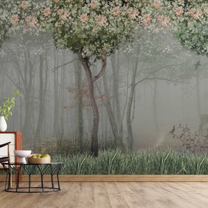 Deers and Blooming Trees in Dream Forest Peel and Stick Wallpaper / Foggy Forest Landscape Wallpaper / Modern Wall Mural / Wall Decor