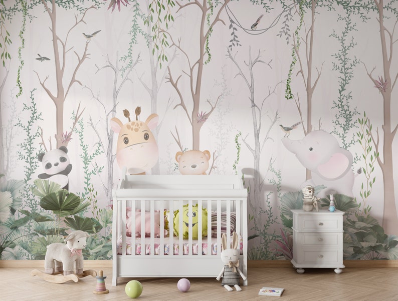 Woodland Wallpaper Cute Animals Wall Mural Watercolor Peel and Stick ...