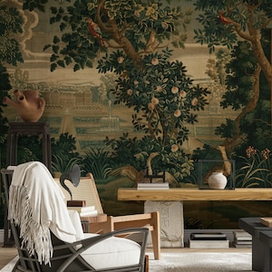 Tapisserie-Art-Garten-Tapete - Lebendige botanische Szene mit Bäumen, Vögeln und Gartenlandschafts-Wandbild