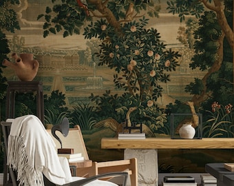 May include: A living room interior with a large tapestry wall mural depicting a lush garden scene with birds and a fountain. The mural is in shades of green, brown, and beige. A white armchair with a throw blanket sits in front of the mural, along with a wooden coffee table and a wooden bench.