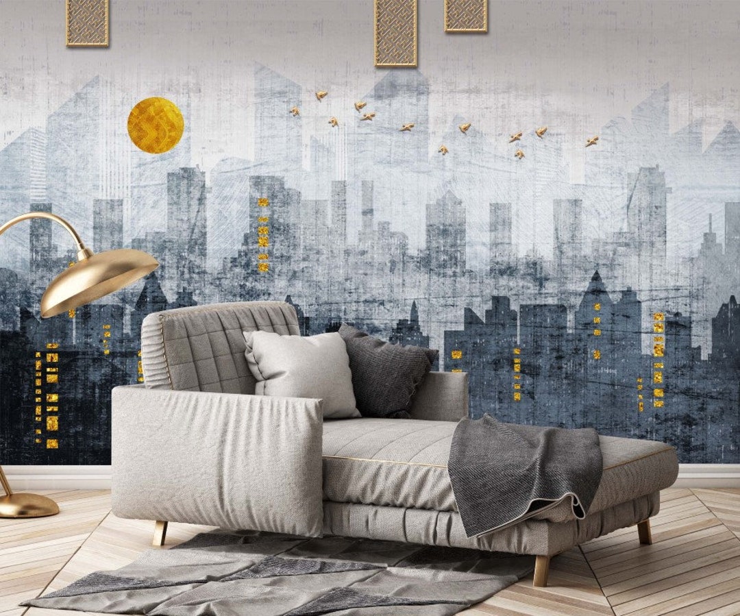 Silhouette City Wallpaper Skyline Wall Mural Gold Sunset Wall Art