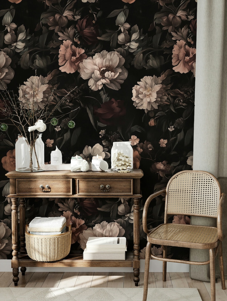 Vintage-inspired Dark Floral Wallpaper: Moody Still Life, Peel and ...