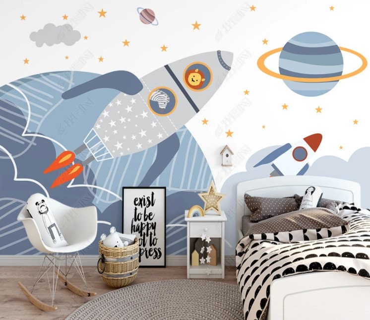 Space Peel and Stick Cartoon Wall Mural Kids Wallpaper Children Wall - Etsy