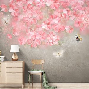 Rosa Blumen-Tapete-Korallen-Schmetterling-Wandgemälde Frühlings-Wandkunst