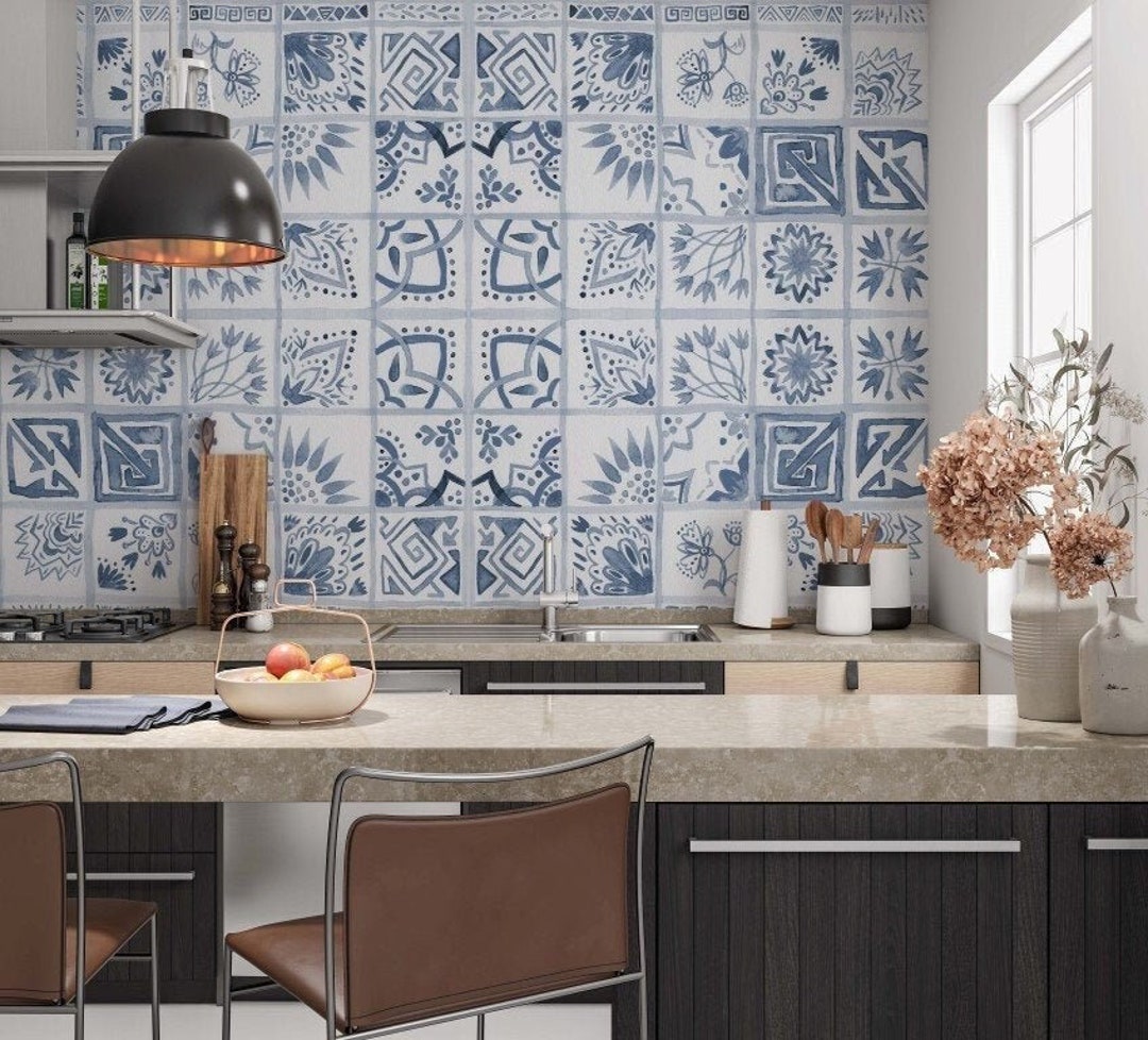 Moroccan Wallpaper Blue Tile Wall Mural Ethnic Peel and Stick - Etsy