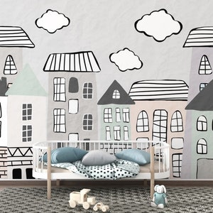 Cartoon Houses Wallpaper Kids Wall Art Nursery Peel and Stick