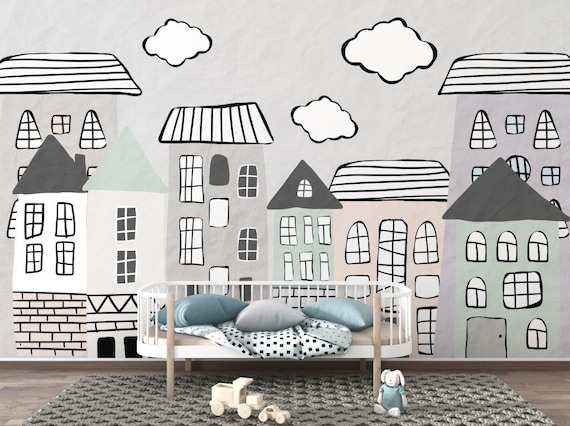 Cartoon Houses Wallpaper Kids Wall Art Nursery Peel and Stick