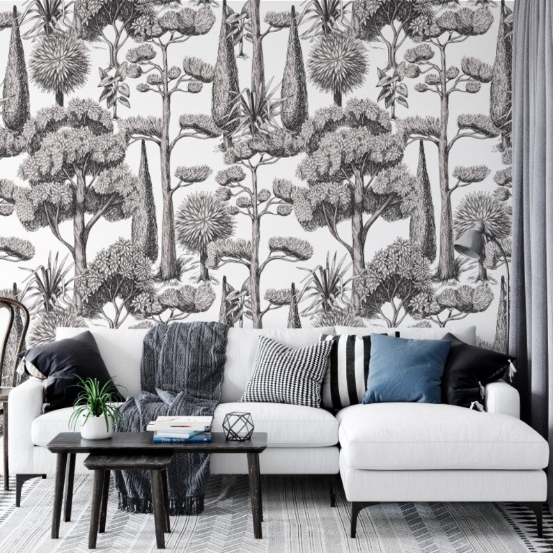 Black and White Trees Wallpaper Retro Peel and Stick Wall Etsy