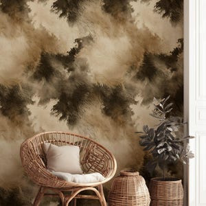 May include: A neutral-toned interior scene featuring a woven rattan chair with a cream-colored cushion, a decorative vase, and a potted plant. The backdrop is a textured wallpaper in shades of brown and beige, creating a warm, inviting atmosphere.