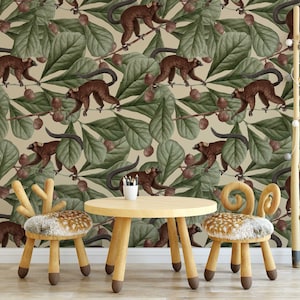 Tropical Leaves Wallpaper Lemur Wall Mural Animals Peel and Stick
