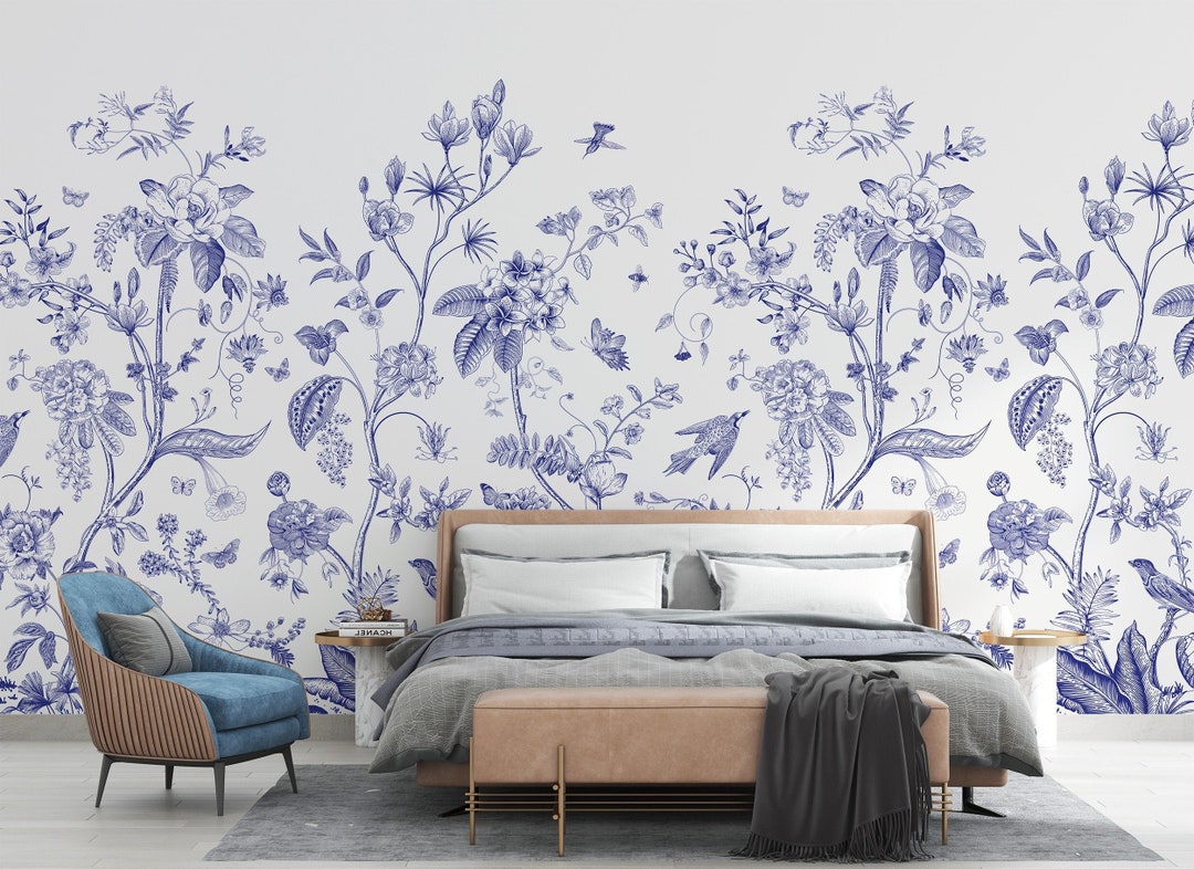 Flowers Wallpaper Blue Floral Wall Mural Plant Wall Art Etsy