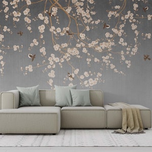 Cheery Blossom Wallpaper Japanese Wall Mural Dark Background Peel and Stick