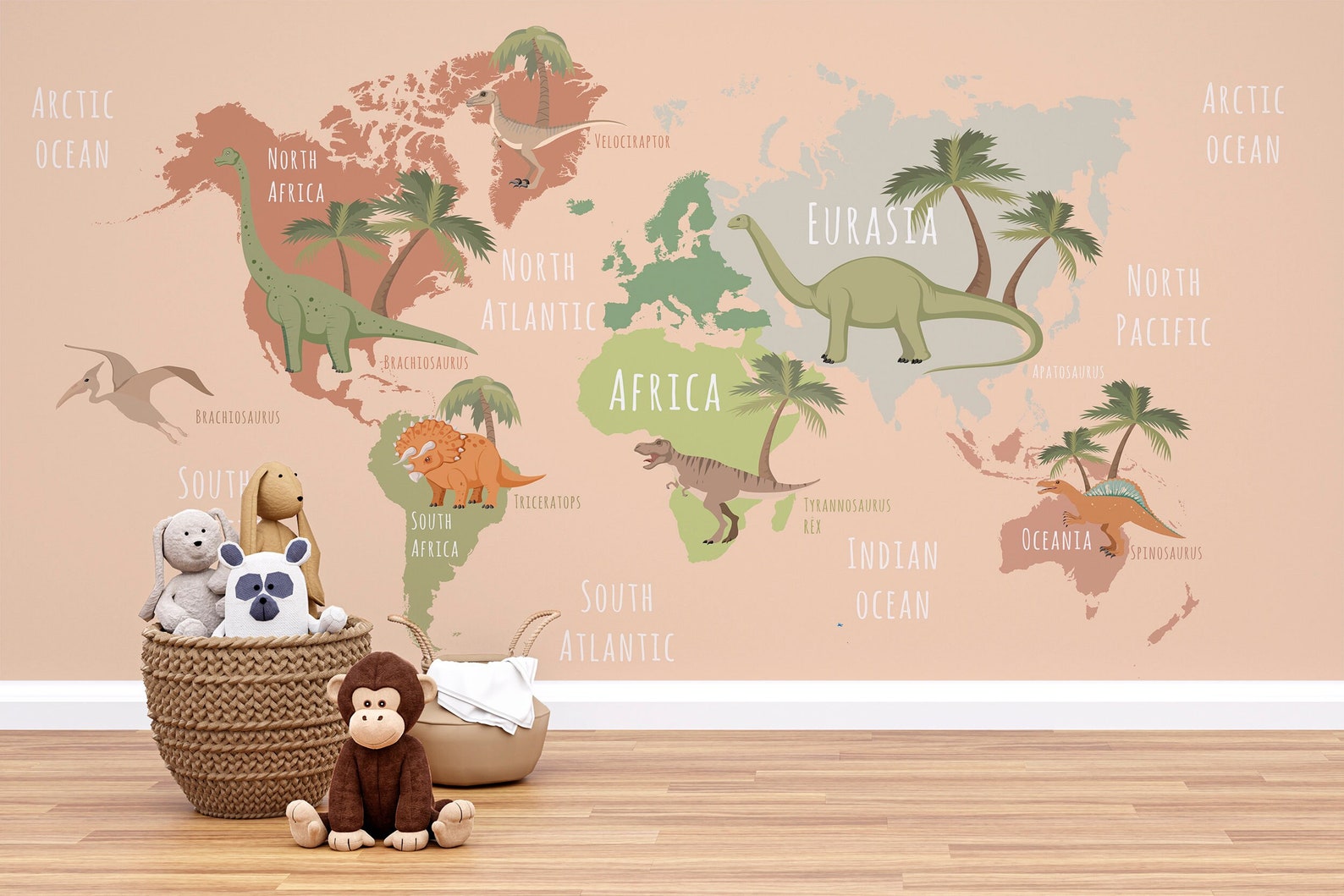 Animal World Map Wallpaper Dinosaur Wall Mural Kids Room Peel and Stick ...